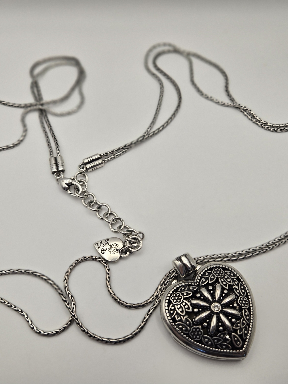 Brighton Silver Floral Heart Locket Necklace Romance Long Double Chain Love NWOT